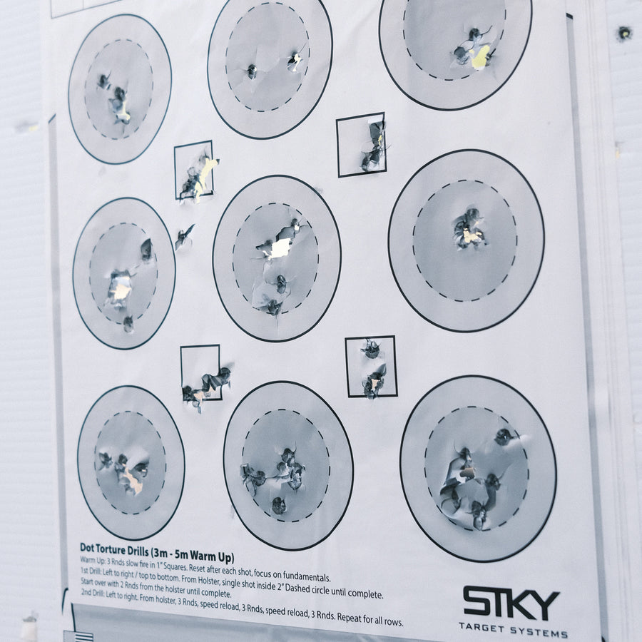 STKY Dot Torture target with shots on the dots after a pistol drill