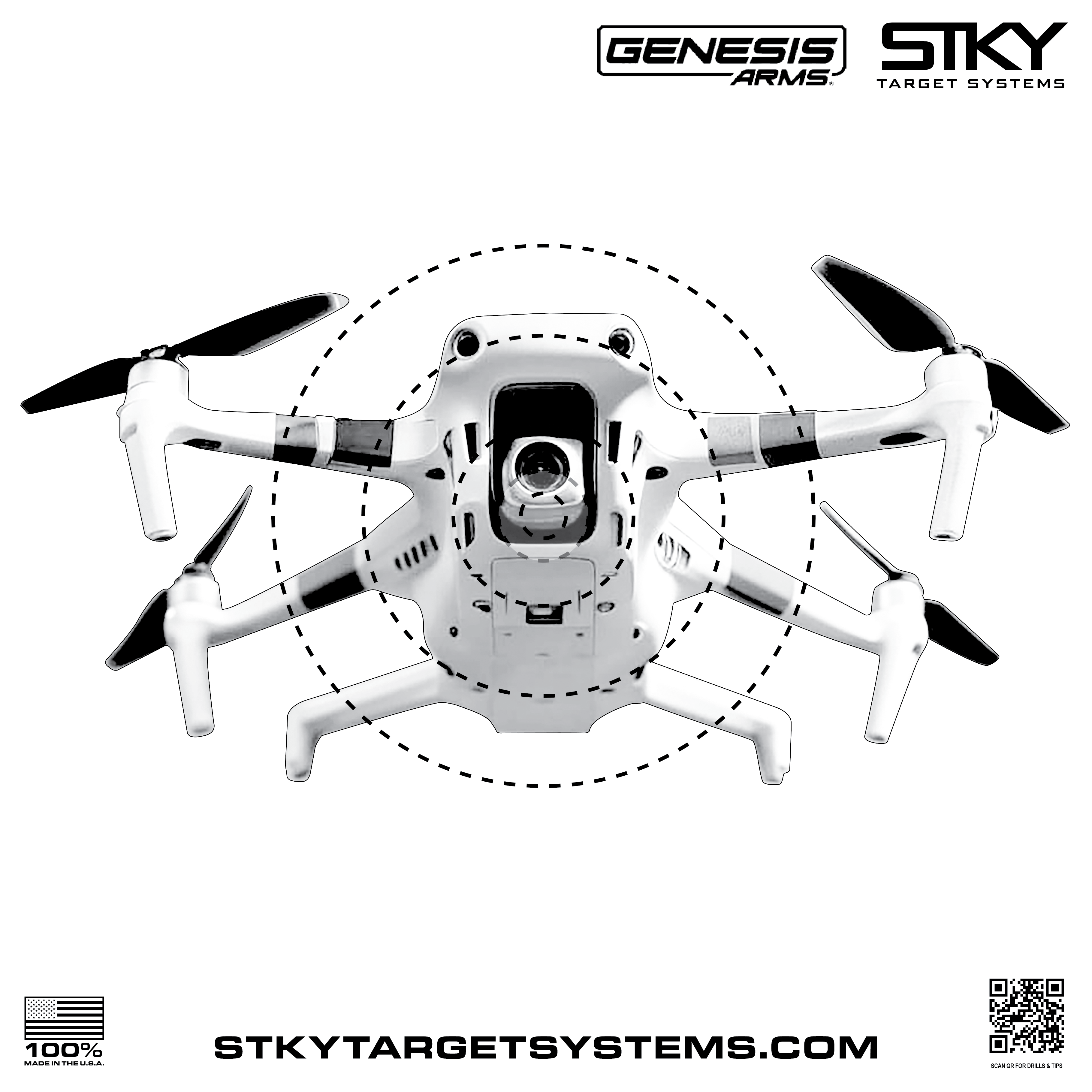 STKY x Genesis Arms 12 inch weatherproof drone shooting target with dashed aiming rings and QR drills — [quadcopter / hexacopter / FPV / landing-gear] design