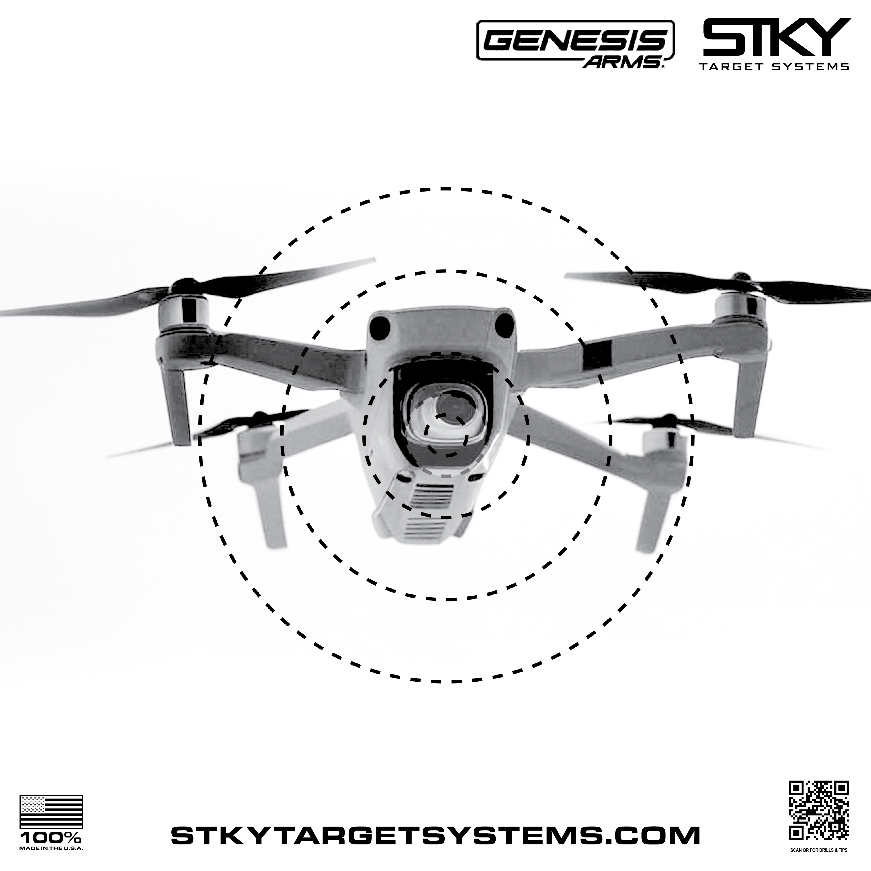 STKY x Genesis Arms 12 inch weatherproof drone shooting target with dashed aiming rings and QR drills — [quadcopter / hexacopter / FPV / landing-gear] design