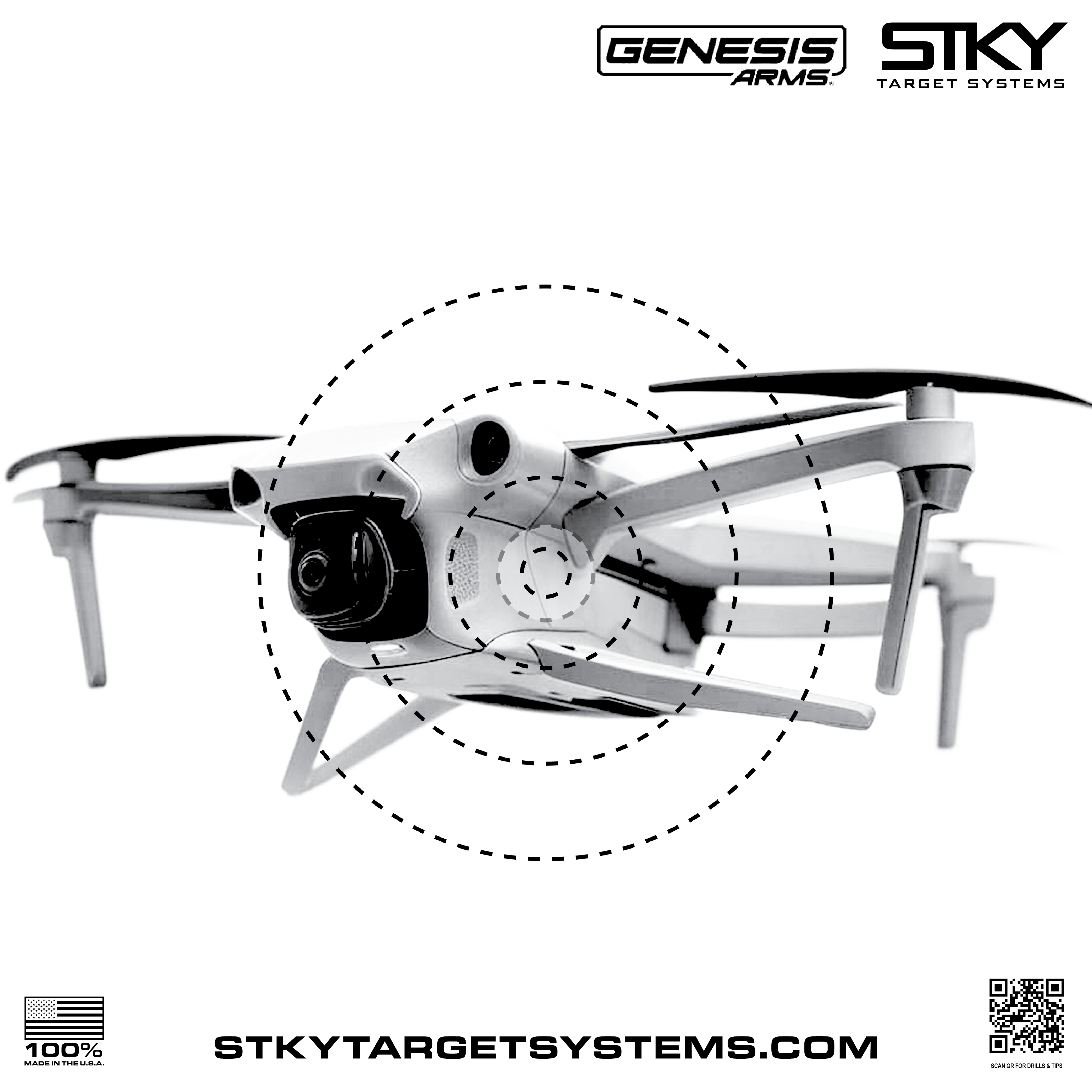 STKY x Genesis Arms 12 inch weatherproof drone shooting target with dashed aiming rings and QR drills — [quadcopter / hexacopter / FPV / landing-gear] design