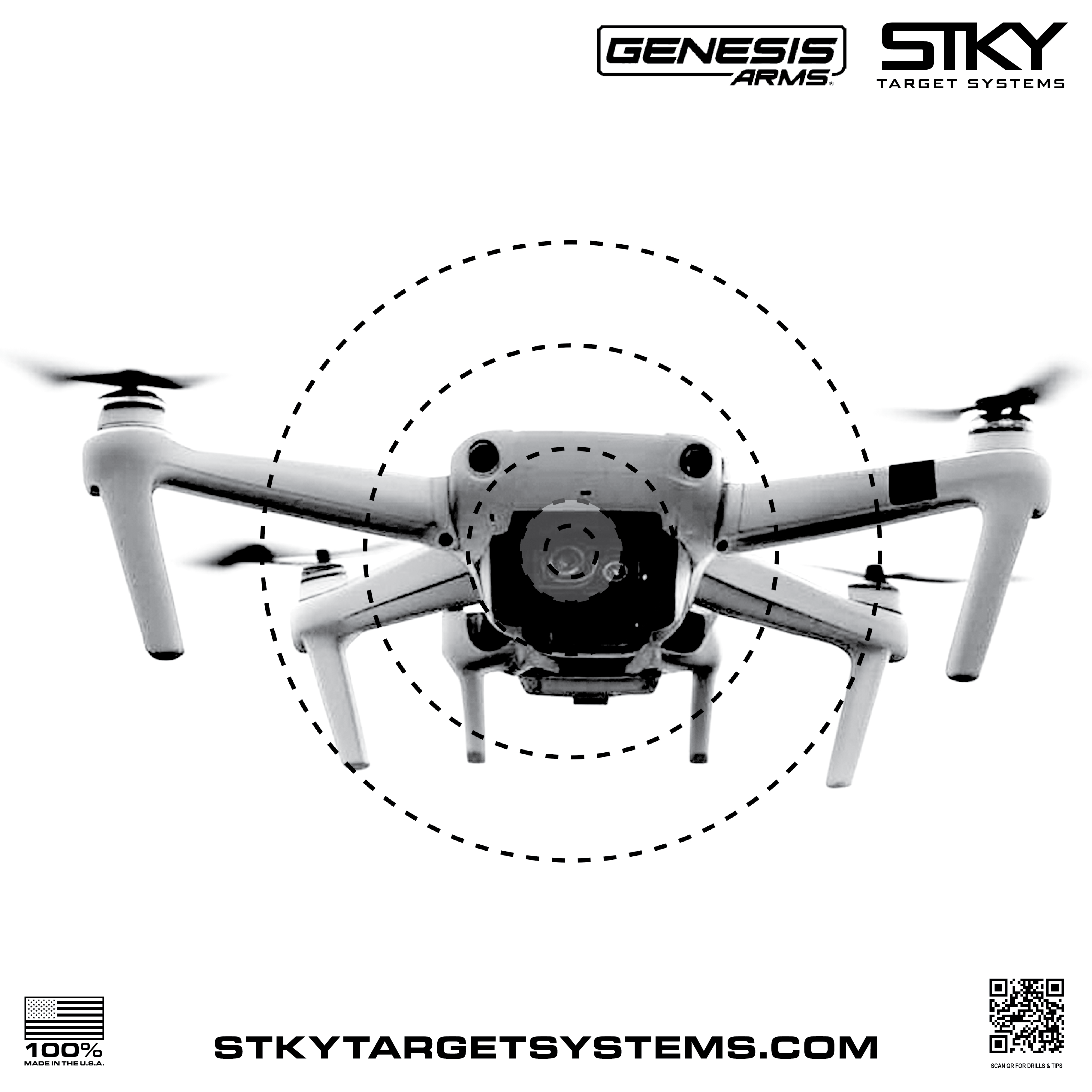 STKY x Genesis Arms 12 inch weatherproof drone shooting target with dashed aiming rings and QR drills — [quadcopter / hexacopter / FPV / landing-gear] design