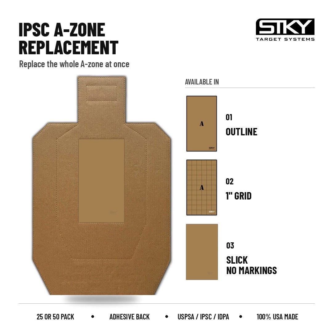 STKY IPSC A-Zone Replacement video: shot-out A-zone covered in one peel, shown in Outline, 1 inch Grid and Slick variants